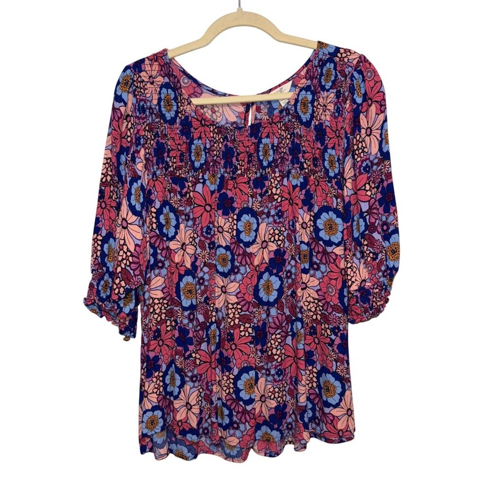 Floral Smocked Scoop Neck 3/4 Sleeve Blouse By Terra & Sky 2X Pink/Blue Lightwei